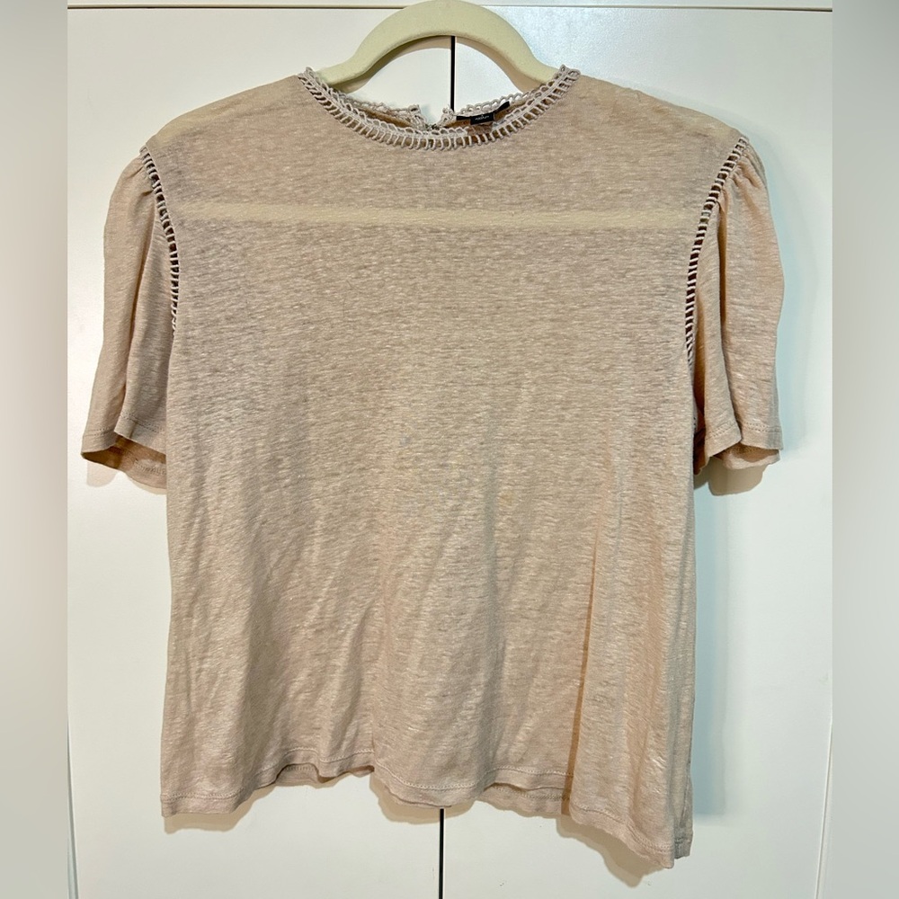Ann Taylor Linen Tan Beige Mesh Sheer Light Shirt Top Crochet Trim Size Small